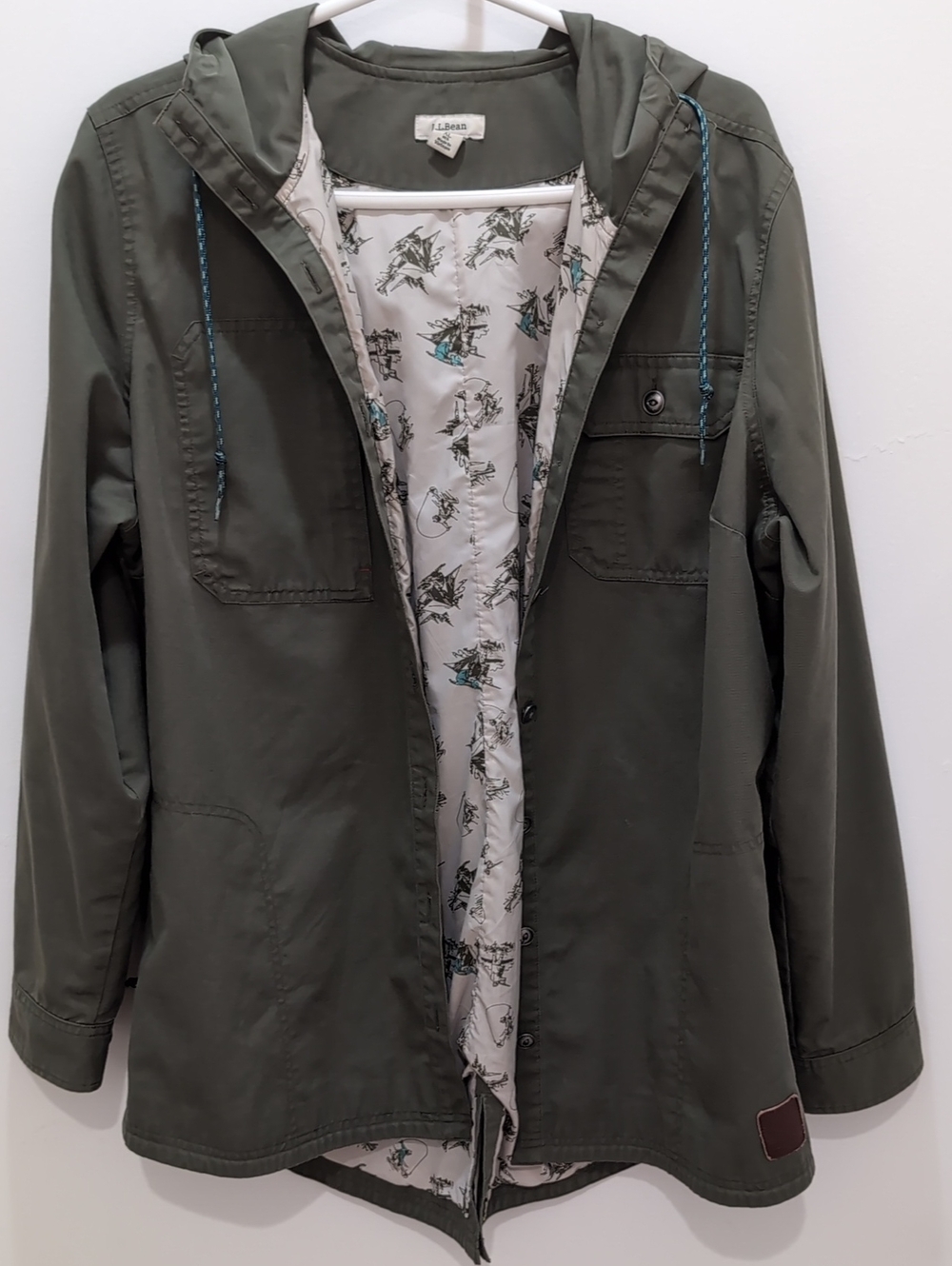 L.L. Bean Olive Green Hooded Utility Jacket with Printed Liner XL